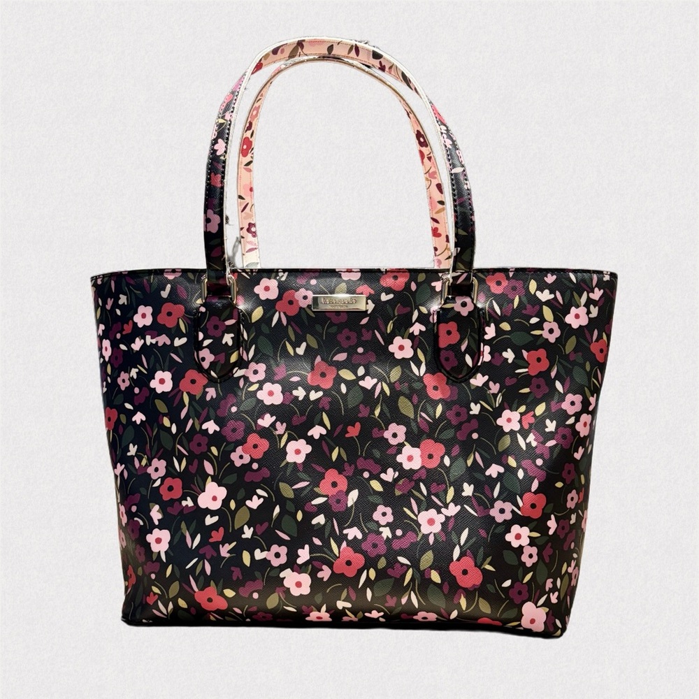 Kate Spade Laurel Way Boho Floral Daily Tote Bag Black Multi Saffiano Leather